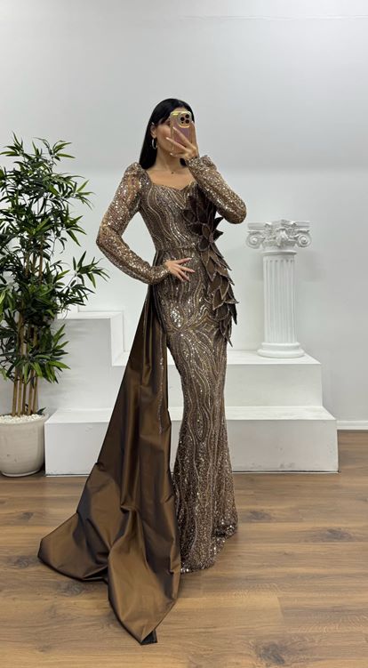 Vizon Çiçek Detay İşlemeli Abiye Elbise